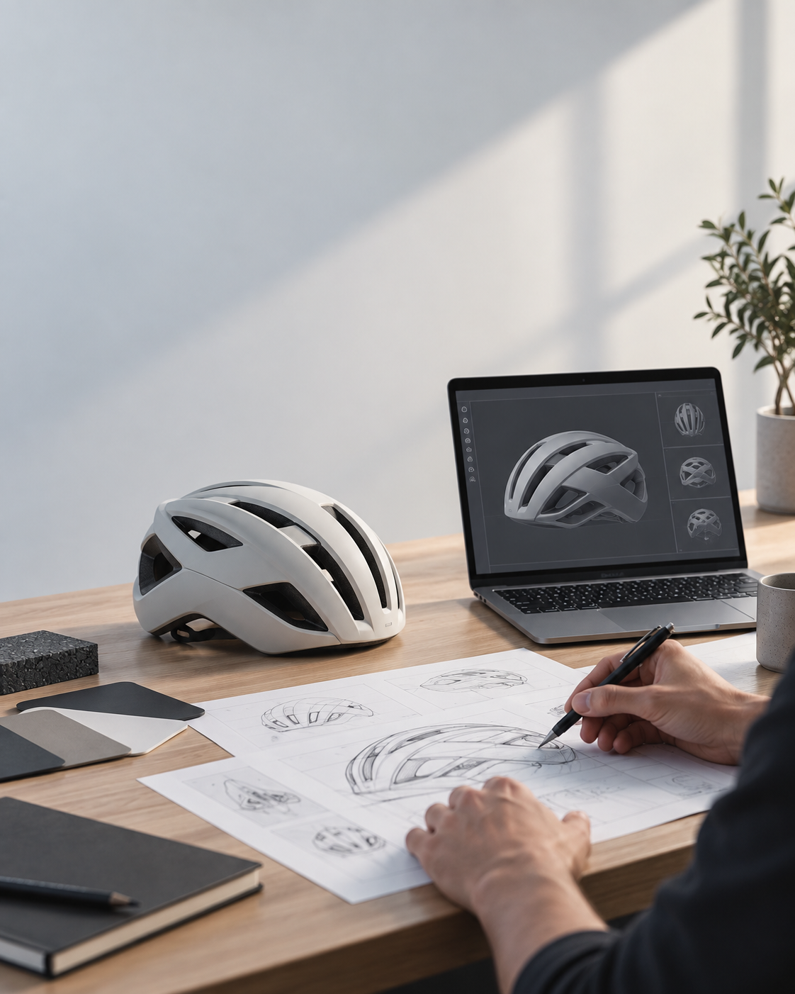 Designer and engineer reviewing a helmet ID drawing beside a white prototype shell