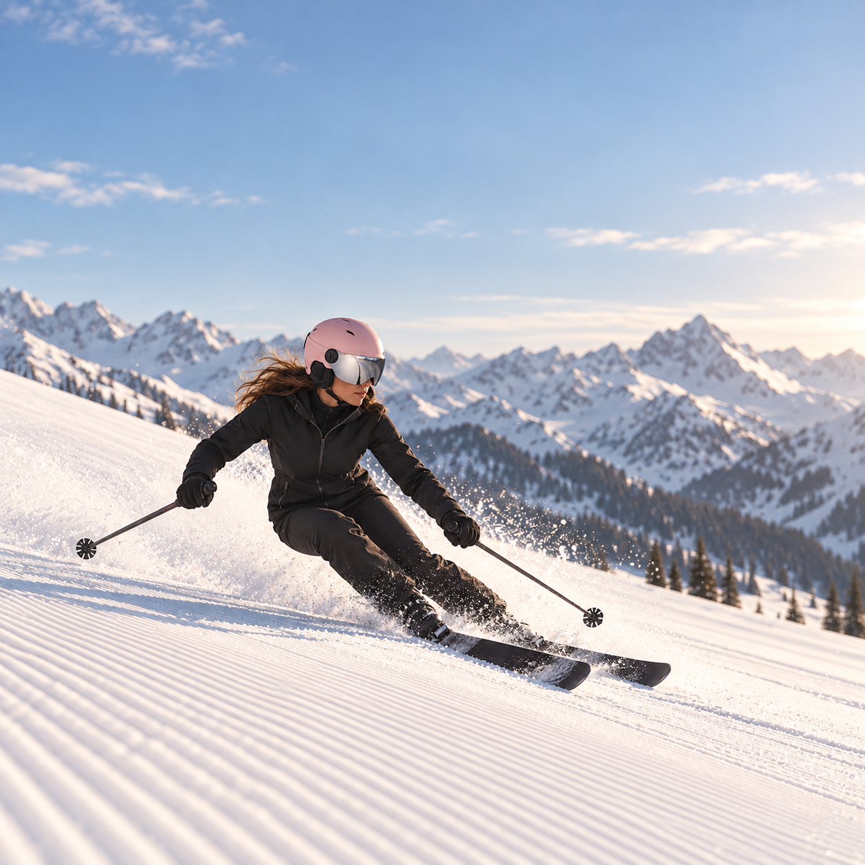 White ski helmet with visor on a pale surface, three-quarter front view