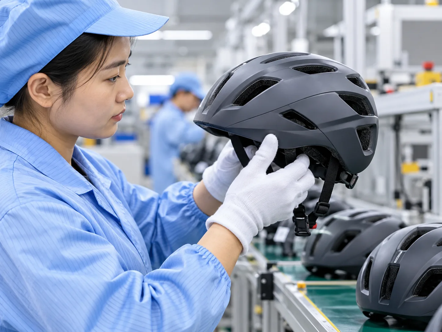 Operator checking a sports helmet during production