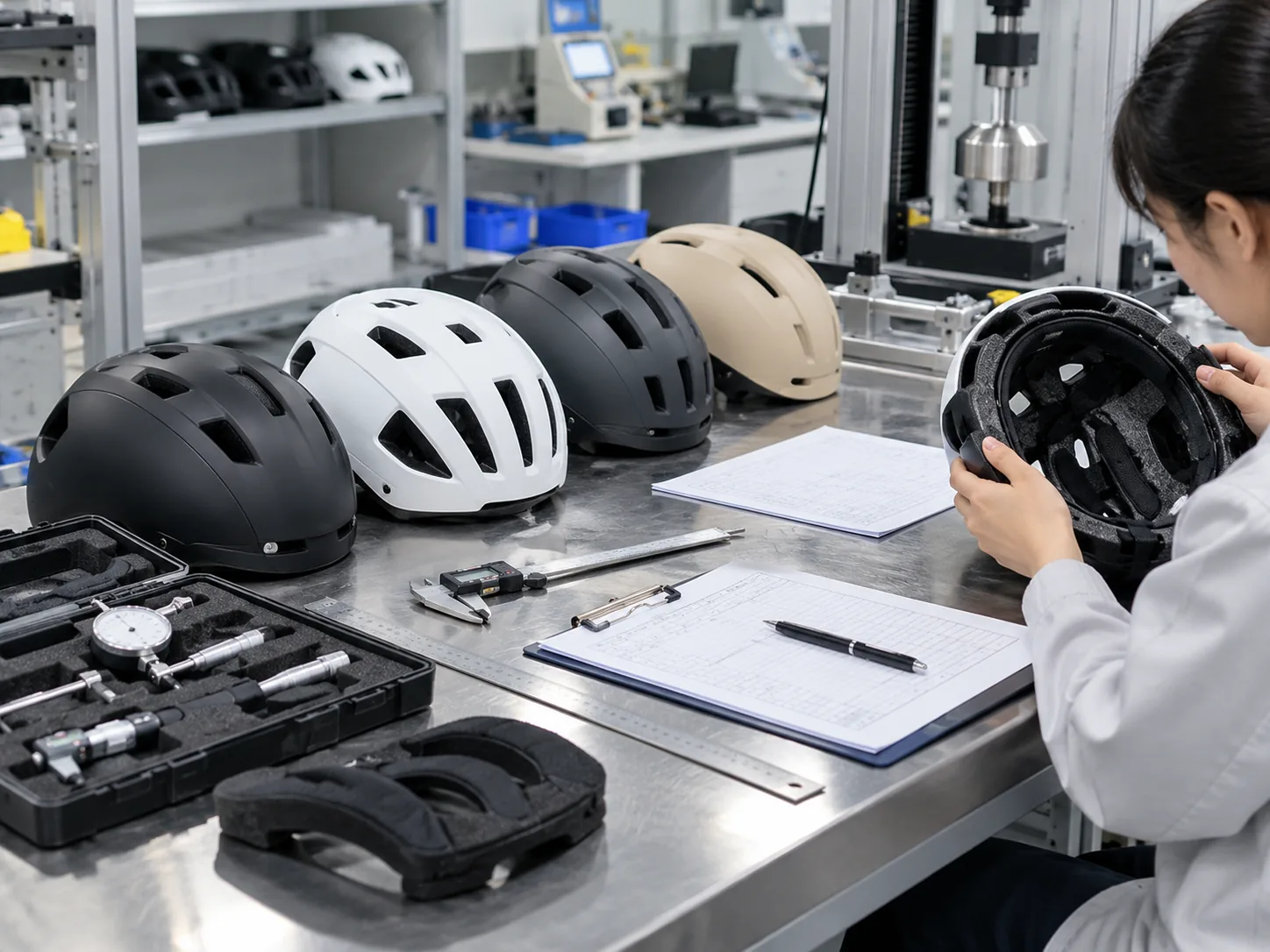Helmet samples and inspection tools arranged at a quality check station